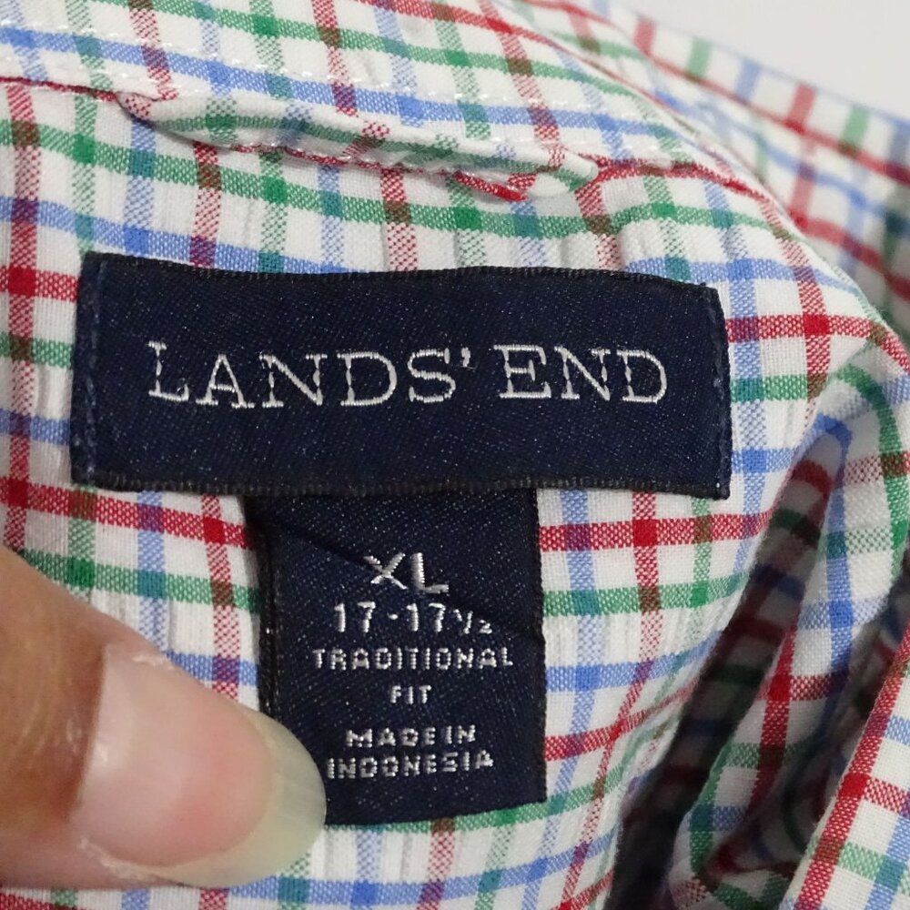 Lands End Button Down Plaid Seersucker Shirt Traditional Fit Size XL 17-17.5 - Picture 6 of 10